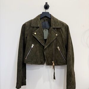 NWT All Saints Balfern Cropped Suede Leather Jacket Dark Green